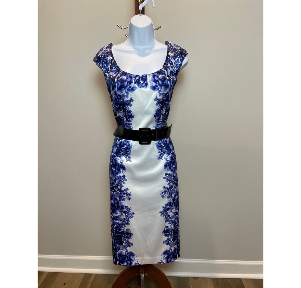 White House Black Market White Blue Floral Satin Sheath Dress Fully Lined Size 8